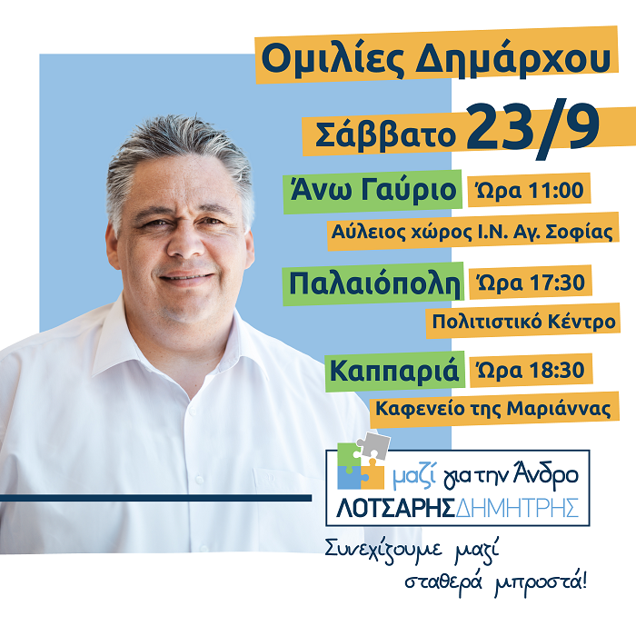ΟΜΙΛΙΕΣ ΛΟΤΣΑΡΗ: Σάββατο - Άνω Γαύριο, Παλαιόπολη, Καπαριά. Κυριακή - Πιτροφός, Πίσω Μεριά, Όρμος Κορθίου...