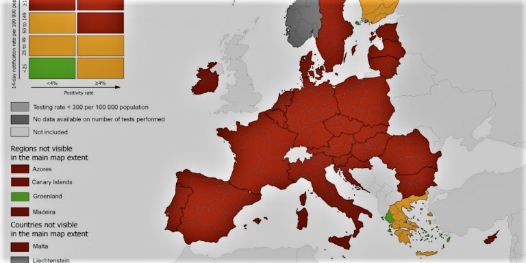 ΚΟΡΟΝΟΪΟΣ: Κόκκινη η Ευρώπη. Κίτρινη η Ελλάδα. Πράσινα νησιά Αιγαίου, Ιονίου και Ήπειρος.
